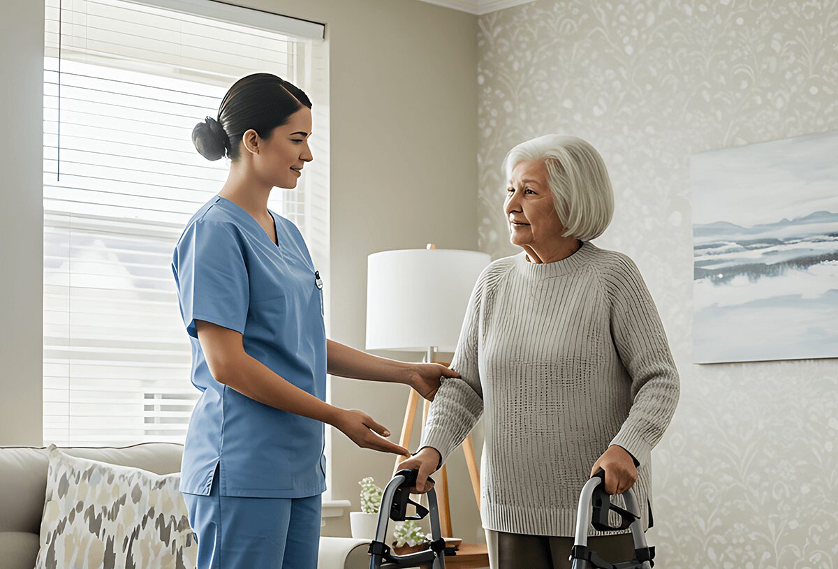 gma hero image A geriatric medical assistant gently supports an older adult during a wellness check in a bright clinic, demonstrating compassionate care and clinical professionalism.